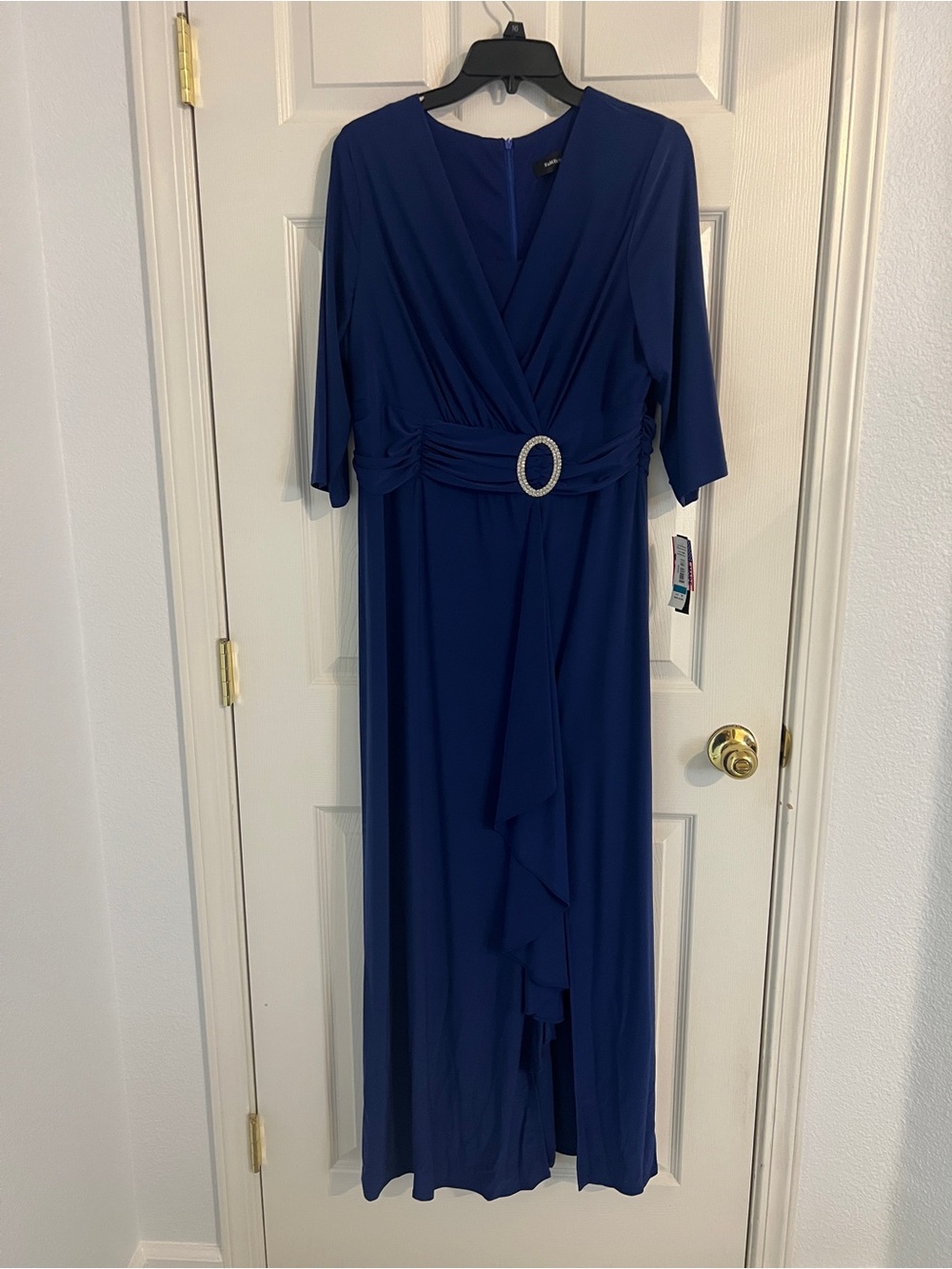 R&M Richards Blue Faux Wrap Maxi Dress Rhinestone Buckle Formal Size 16